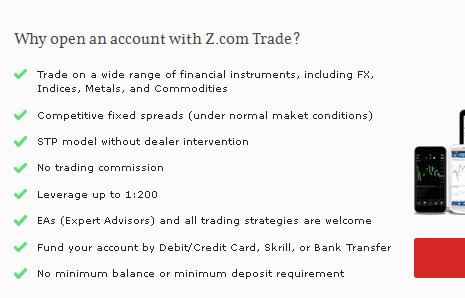 trading conditions for live account at z.com trade